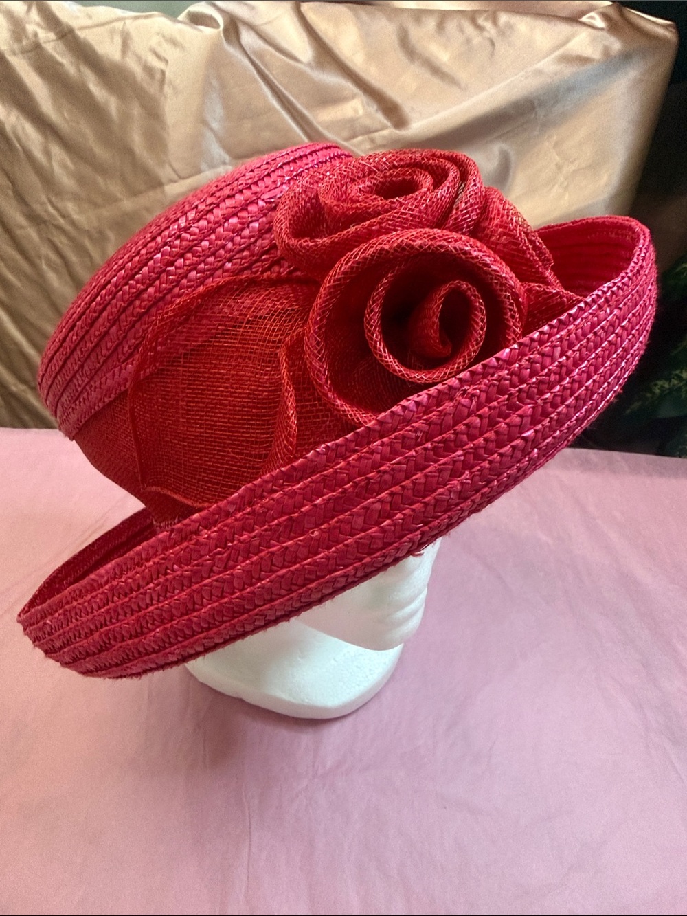 BETMAR Red Straw Wide-Brim Dress Hat with Rosette